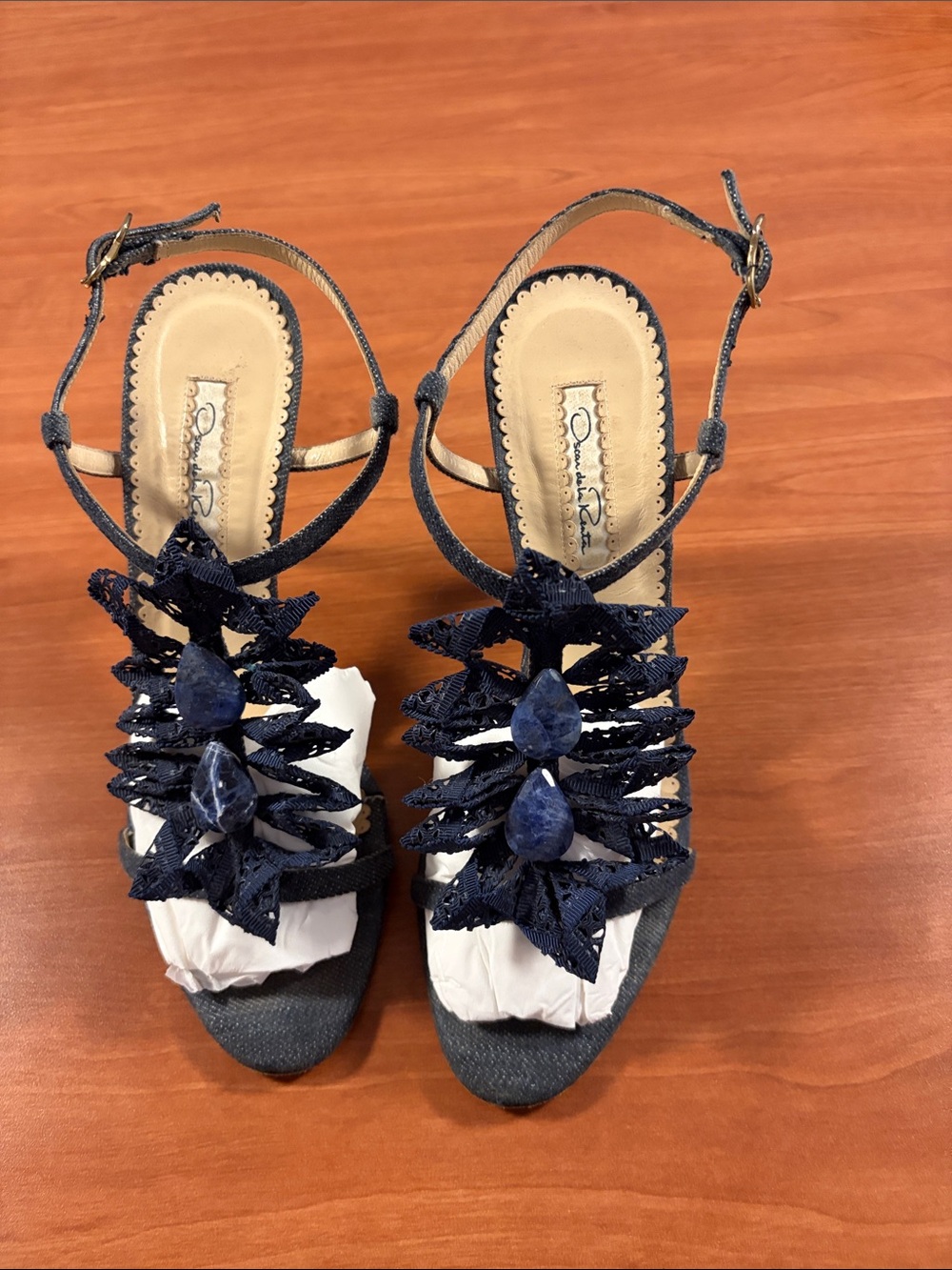 Oscar de la Renta Navy Jeweled Floral Lace Ankle-Strap Heels